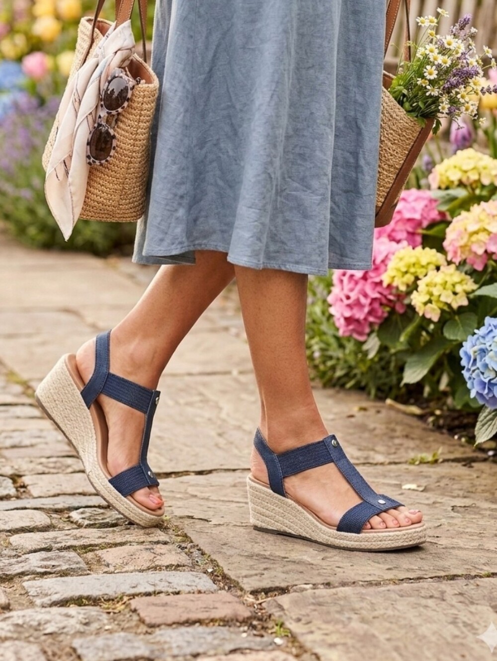Vionic Calera Navy Blue Leather Stretch Fabric Espadrille Wedge Sandals Size 11